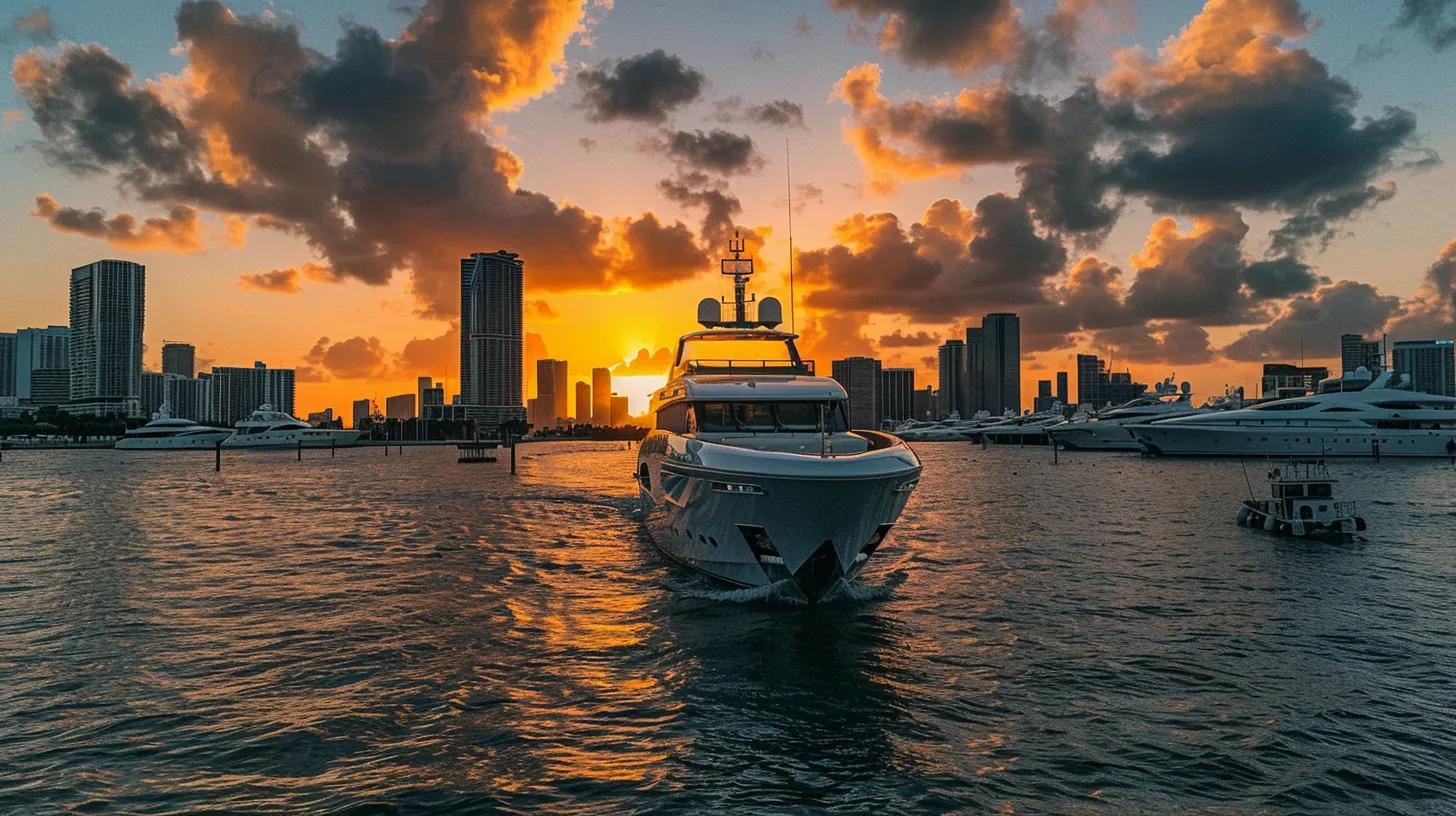 a luxurious yacht glides effortlessly through the shimmering waters of miami during a vibrant sunset, surrounded by the bustling skyline, capturing the essence of peak charter seasons filled with lively social experiences.