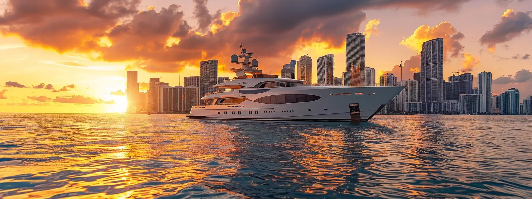 a luxurious yacht glides through the vibrant miami skyline at sunset, with a sophisticated group of guests enjoying a bespoke onboard experience against the backdrop of shimmering waters and modern high-rises.