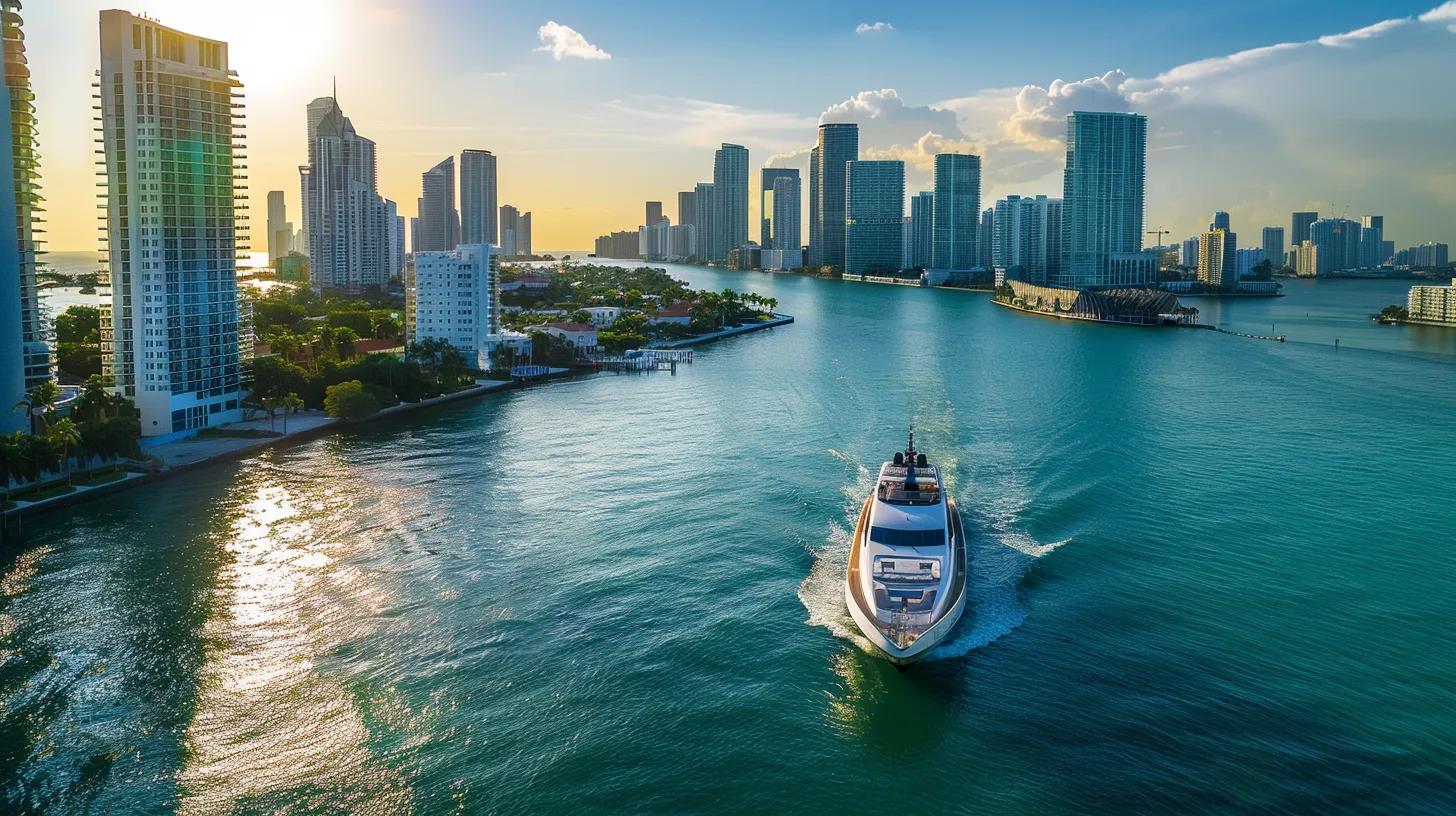 a luxurious yacht glides through the crystal-clear waters of biscayne bay, with miami beach's vibrant skyline in the background, showcasing the perfect blend of upscale dining and thrilling water sports for both crewed and bareboat charters.