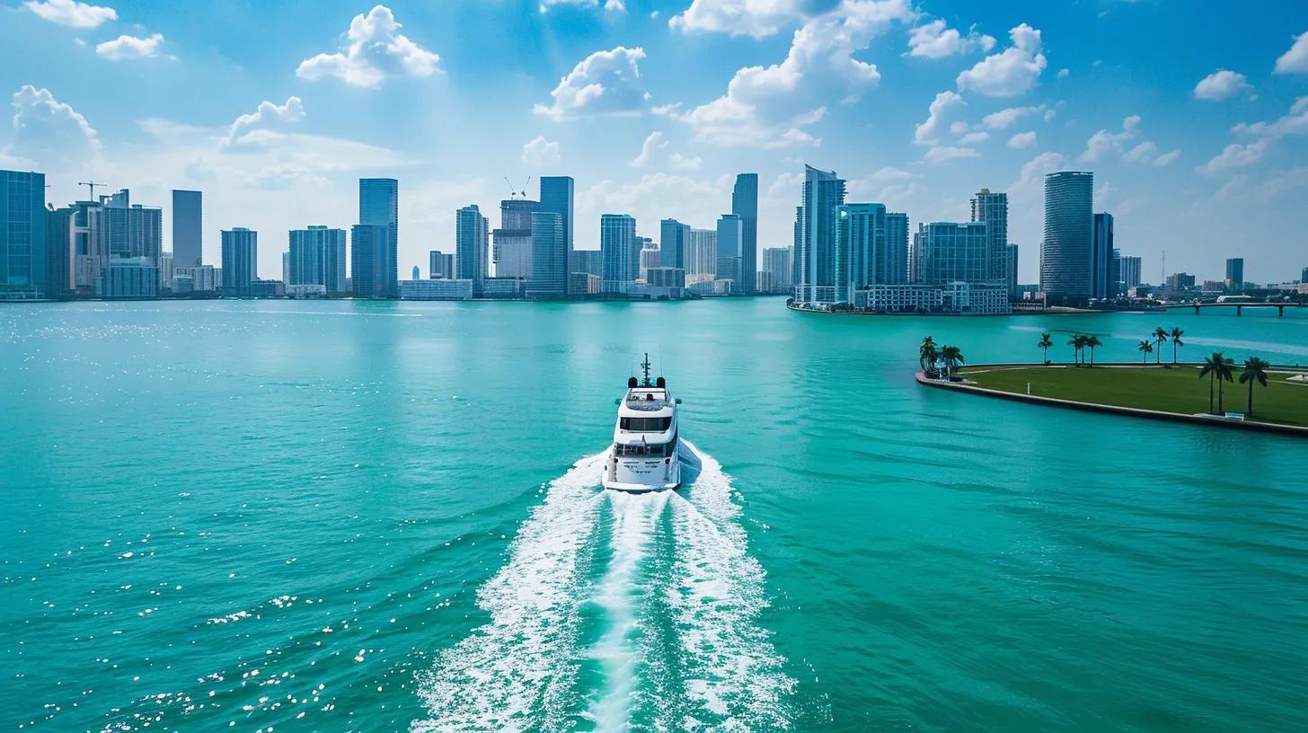 a luxurious yacht glides through the vibrant turquoise waters of miami, with energetic guests enjoying thrilling jet skiing and calm paddleboarding, all set against a backdrop of the city's modern skyline under a clear blue sky.