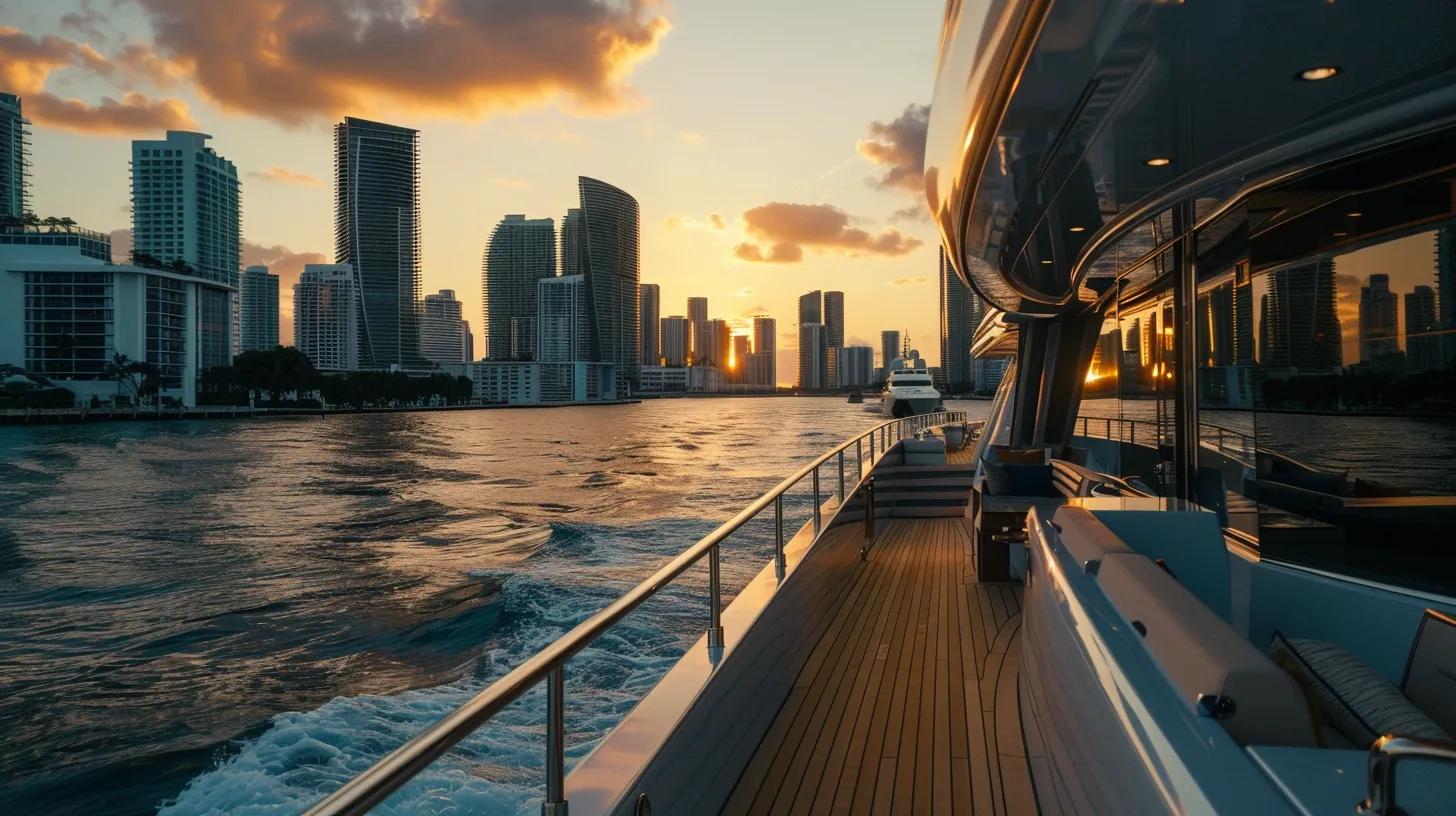 a luxurious yacht glides through the vibrant waters of miami, adorned with elegant furnishings and a bespoke dining setup, showcasing a personalized charter experience designed to reflect the client's unique lifestyle and preferences.