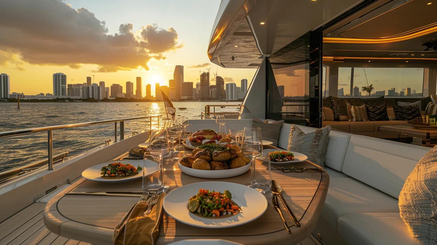 a luxurious yacht glistens against the vibrant miami skyline at sunset, showcasing an elegantly set dining table adorned with gourmet dishes, reflecting the essence of a tailored charter experience.