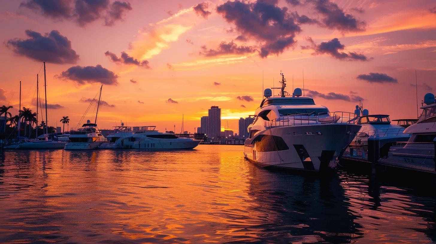 a luxurious yacht glittering in the miami sunset, anchored at a vibrant marina filled with elegant vessels, epitomizing opulence and exclusive leisure experiences.