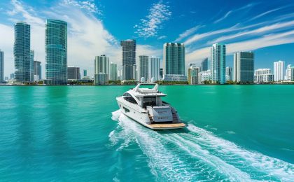 a luxurious yacht gracefully glides through the vibrant turquoise waters of miami, framed by the stunning urban skyline and colorful waterfront buildings under a bright blue sky, embodying the allure of hidden yacht charter destinations.