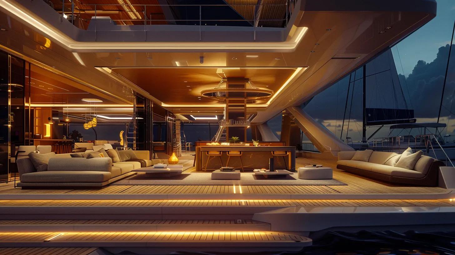 a luxurious yacht interior bathed in warm ambient light, showcasing elegantly set dining areas and plush lounge spaces, alongside a sleek sailboat docked nearby, representing the contrast between the indulgent experience of a crewed charter and the freedom of a bareboat adventure.