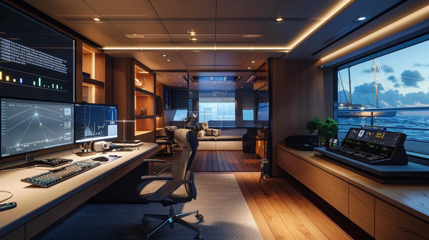 a modern yacht owner's office features a sleek, high-tech workspace filled with dual monitors displaying vibrant financial graphs and budgeting tools, surrounded by nautical decor that emphasizes the intersection of luxury and financial management.