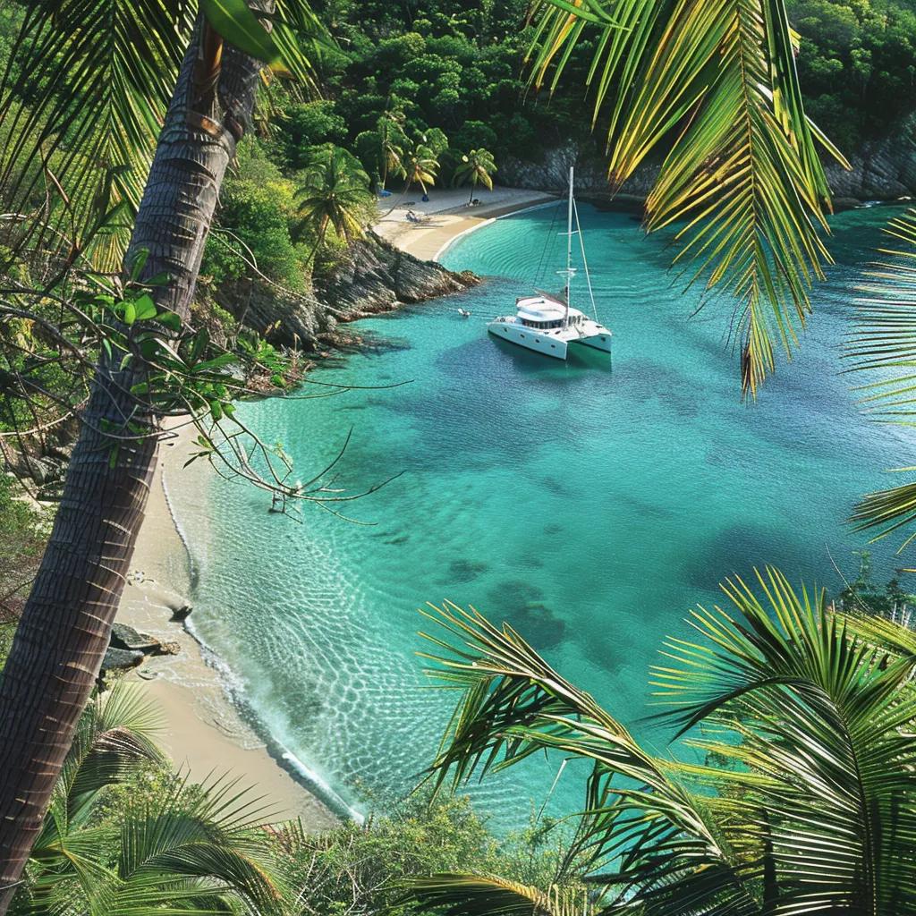 Secluded cove with catamaran anchored, showcasing exclusive Miami destinations