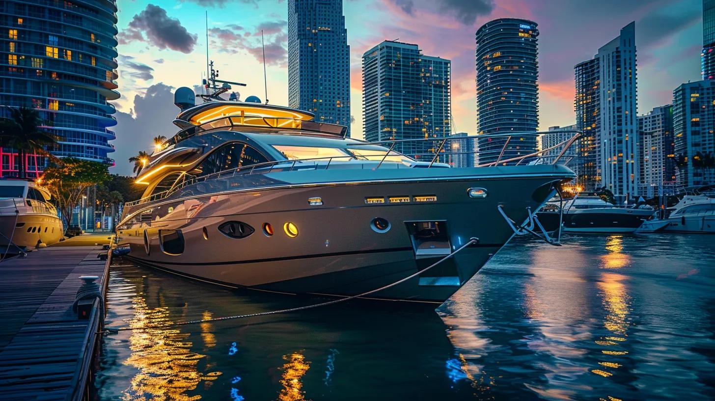 a sleek luxury yacht, adorned with elegant furnishings and ambient lighting, is docked in a vibrant miami marina, contrasting sharply with a simple motorboat moored nearby, showcasing the extravagant appeal of premium yacht rentals.