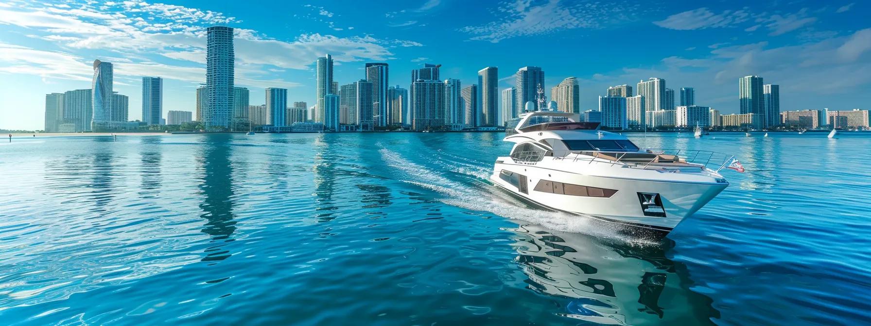 a sleek yacht gracefully glides through the sparkling turquoise waters of south florida under a clear blue sky, with a modern marina in the background highlighting the luxury of yacht rentals and charters.