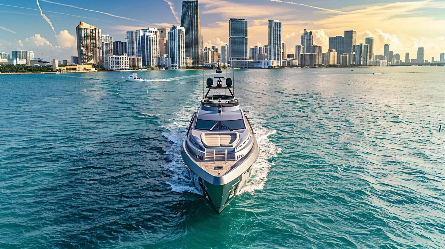 a sleek luxury yacht glides through the vibrant waters of miami, surrounded by iconic skyline views, with a lavishly set deck showcasing premium amenities and a backdrop of the bustling city, contrasting with a simpler, more modest yacht in the distance following a standard route.