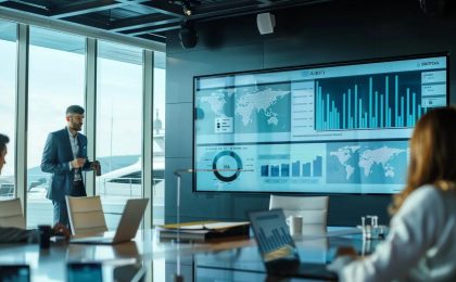 Modern office space with a man presenting data on a large screen, showcasing yacht management analytics and global maps, emphasizing technology's role in enhancing yacht operations.