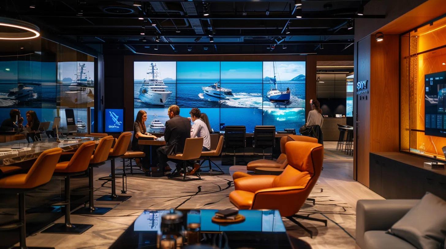 a sleek, modern office space is filled with engaged professionals discussing bareboat yacht rental options on high-resolution screens, surrounded by nautical-themed decor that conveys a sense of maritime adventure and expertise.