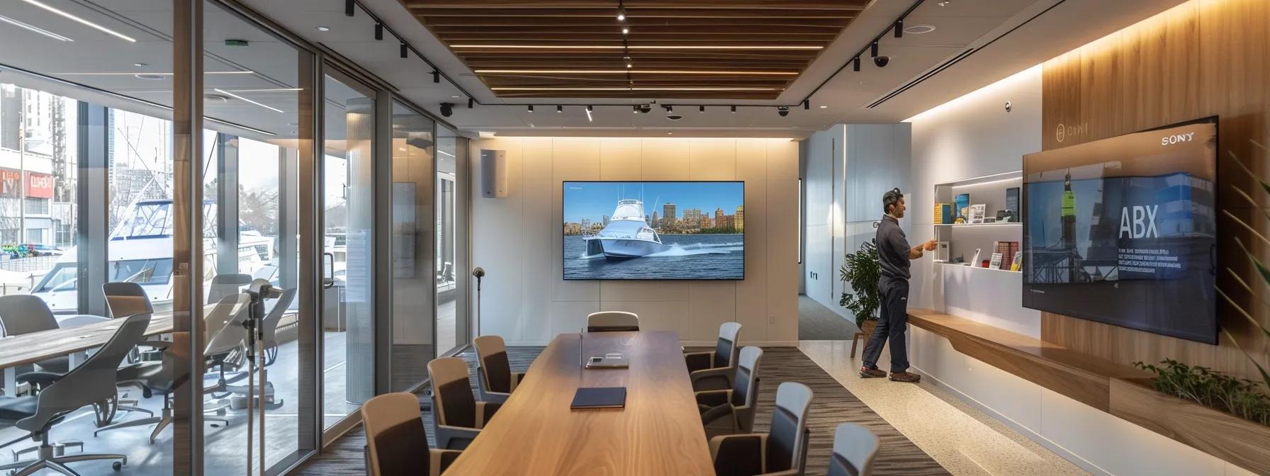 a sleek, modern office space showcases a confident individual engaging with a digital booking platform on a large screen, surrounded by boat rental brochures and schedules, emphasizing the streamlined process of renting a boat by the hour.