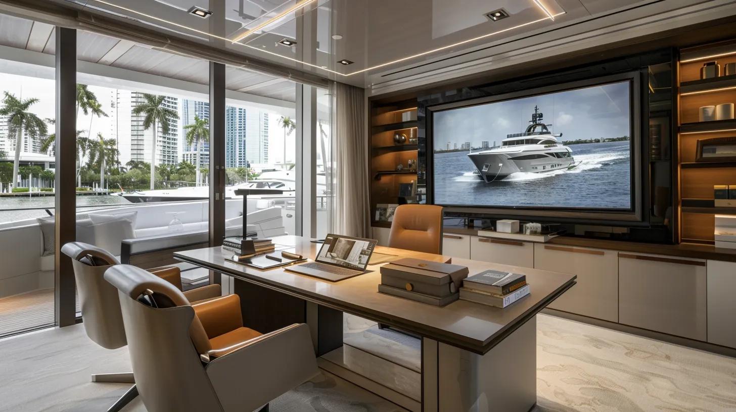 a sleek, modern office workspace in miami is set up for a yacht charter consultation, featuring a stylish desk with a laptop, a detailed proposal on display, and captivating yacht images projected on a screen, all capturing the essence of personalized luxury and expert service.