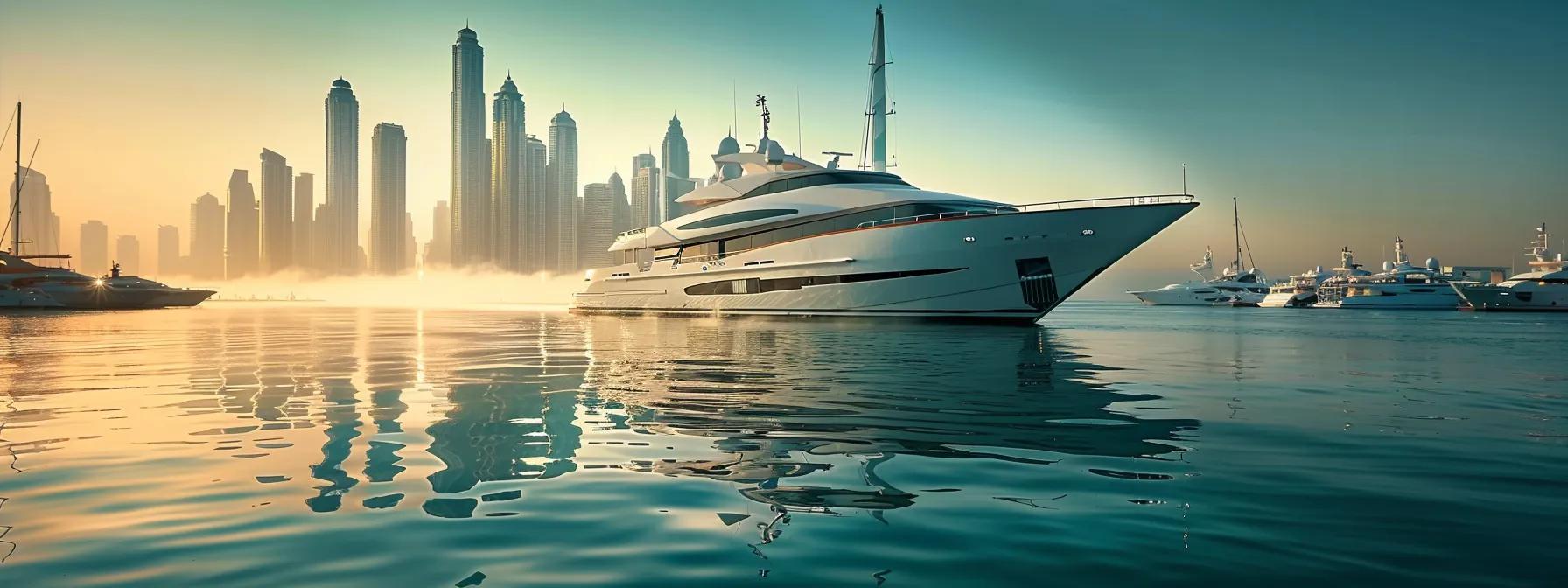 a sleek, modern yacht adorned with eco-friendly technology gracefully cuts through azure waters, reflecting the luxurious yet sustainable essence of contemporary yacht tours against a backdrop of a bustling marina bustling with vibrant city life.