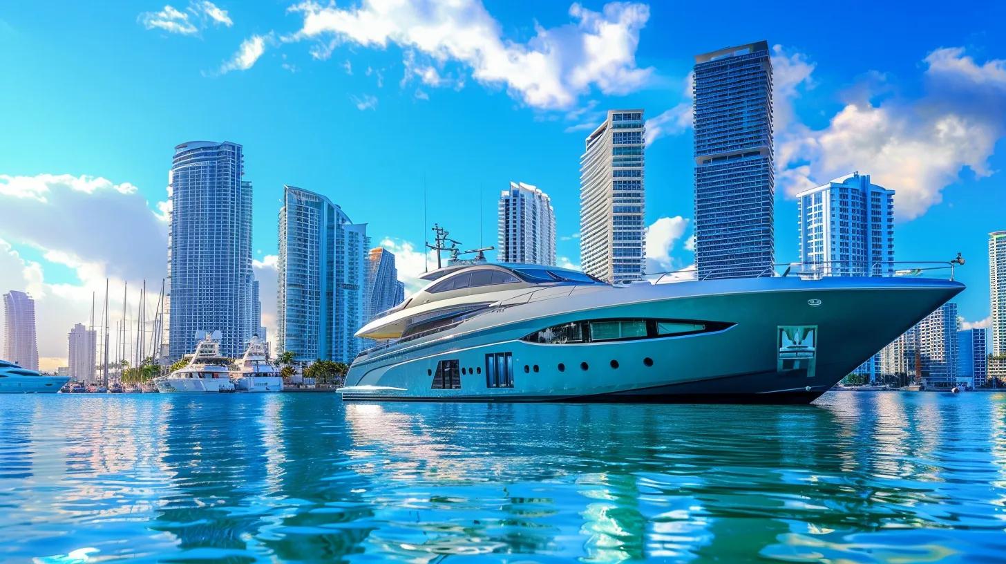 a sleek, modern yacht anchored in the vibrant waters of miami, showcasing luxurious amenities and a backdrop of the bustling city skyline under clear blue skies, symbolizing the allure and sophistication of bareboat yacht rentals.