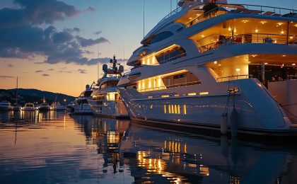 a sleek, modern yacht docked at a stylish marina, with a professional yacht management team reviewing detailed maintenance plans on digital tablets, surrounded by luxurious surroundings illuminated by soft evening lights.