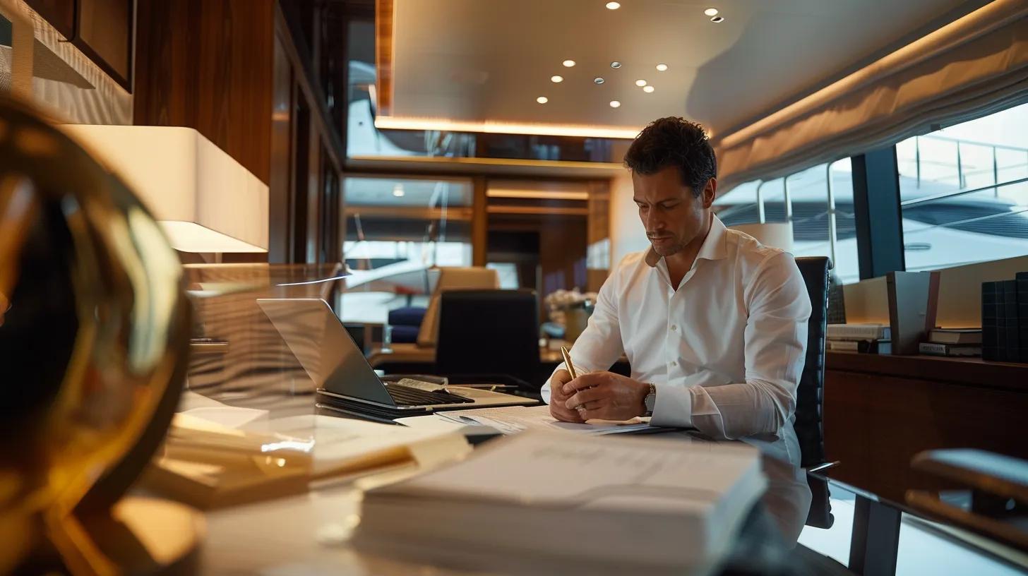 a sleek, modern yacht gleams under strategically placed lighting in a sophisticated marina office, as a poised yacht broker completes the final paperwork, confidently signaling the exciting transition to ownership.