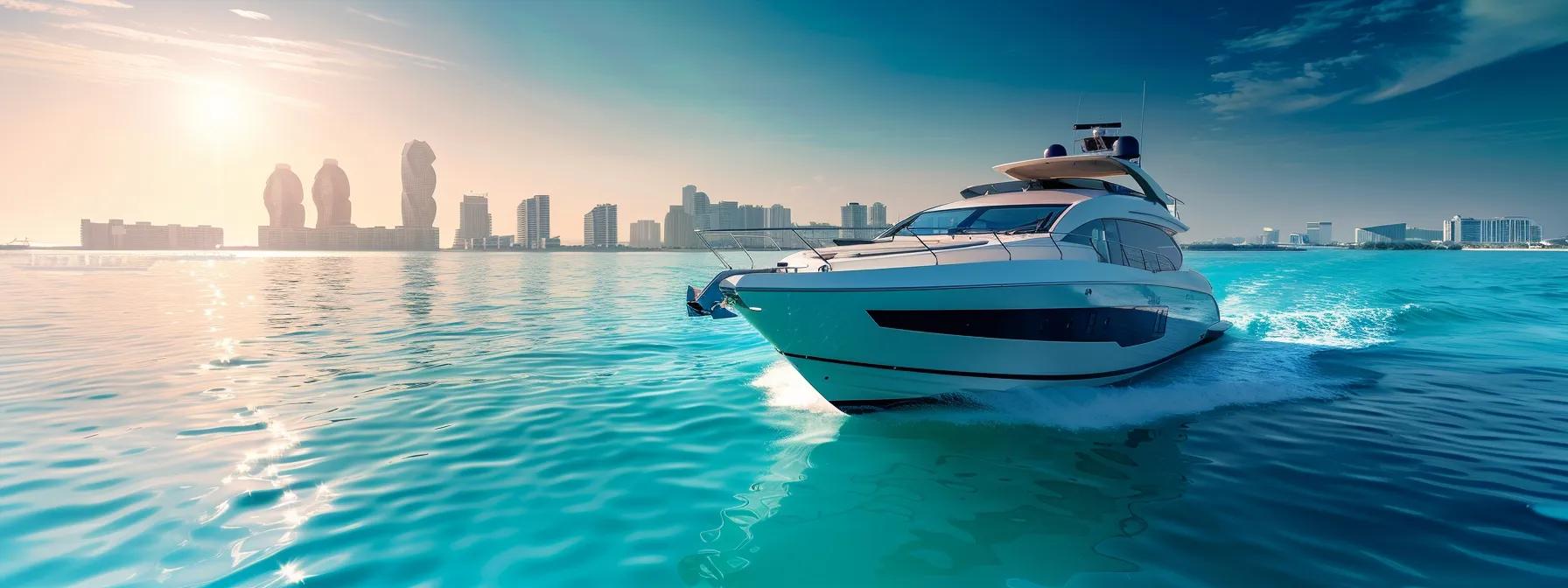 Sleek modern yacht gliding through turquoise waters with city skyline in the background, representing luxury yacht charters by Moretti Yachts International.