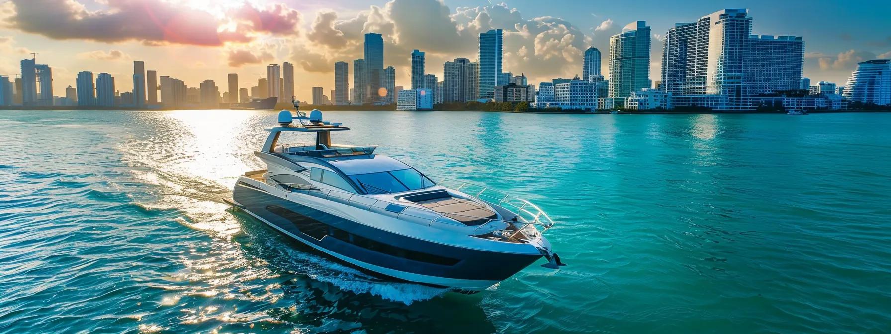 a sleek modern yacht glides through the vibrant turquoise waters of miami, equipped with solar panels and cutting-edge technology, while luxurious passengers enjoy a personalized experience onboard amidst the urban skyline in the distance.