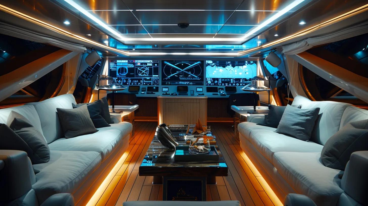 a sleek, modern yacht interior filled with digital screens displaying real-time inventory data and automated alerts, highlighting the efficiency of mobile apps in managing onboard supplies and equipment.