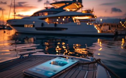 Sleek modern yacht docked at sunset with illuminated features, smartphone displaying yacht management app on wooden deck, emphasizing mobile technology in yacht management.