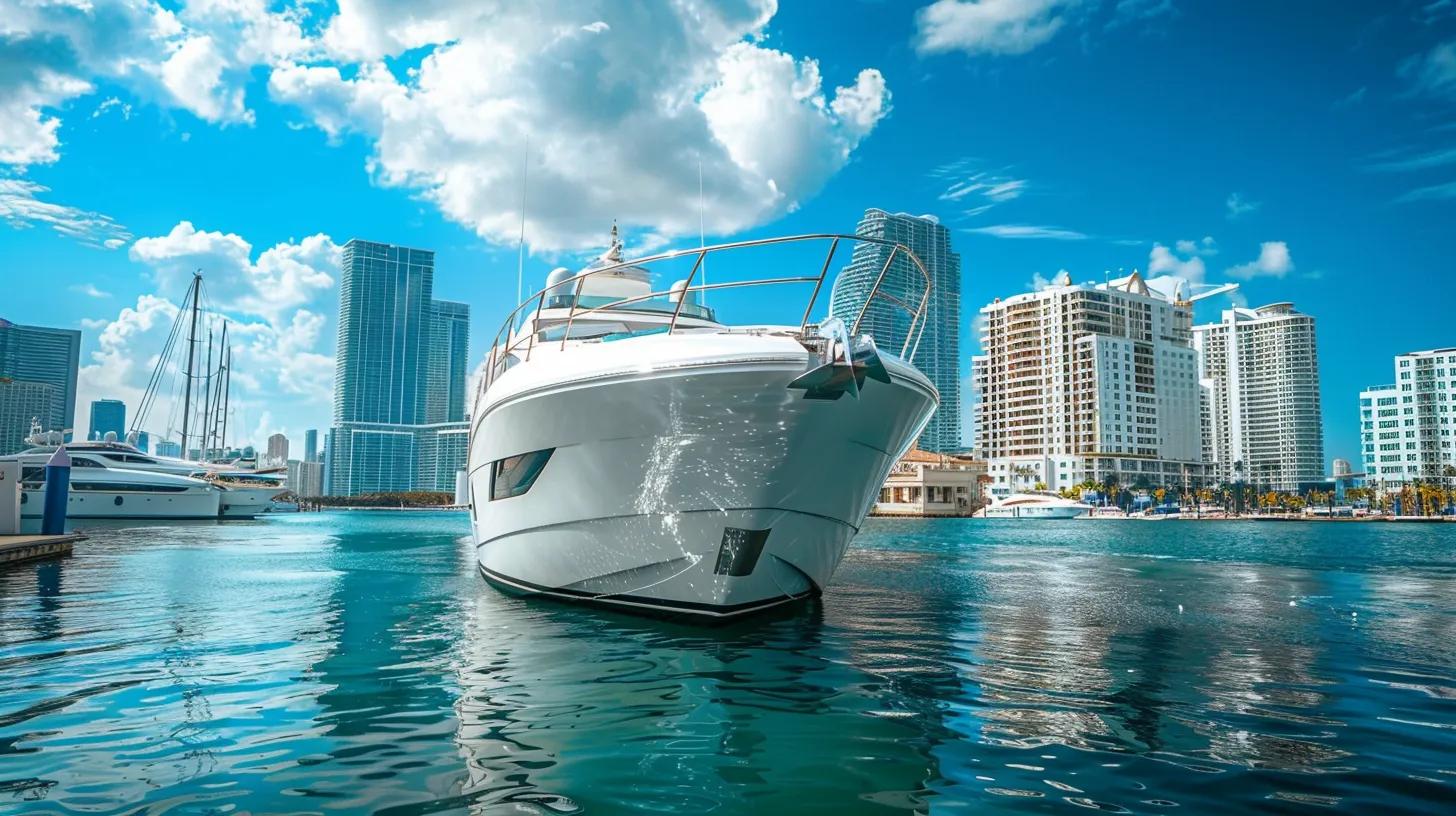 a sleek, modern yacht is moored at a vibrant miami marina, with a clear blue sky overhead and bustling activity in the background, capturing the essence of a well-planned bareboat rental experience.