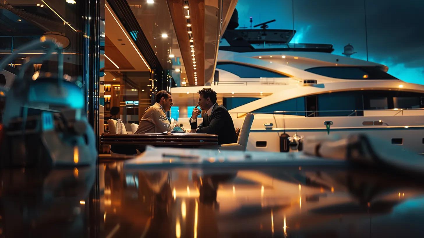 a sleek, modern yacht rests in a luxurious marina, illuminated by the soft glow of overhead lights as a focused yacht owner consults with a financial advisor at a polished wooden table, surrounded by budget charts and repair estimates.