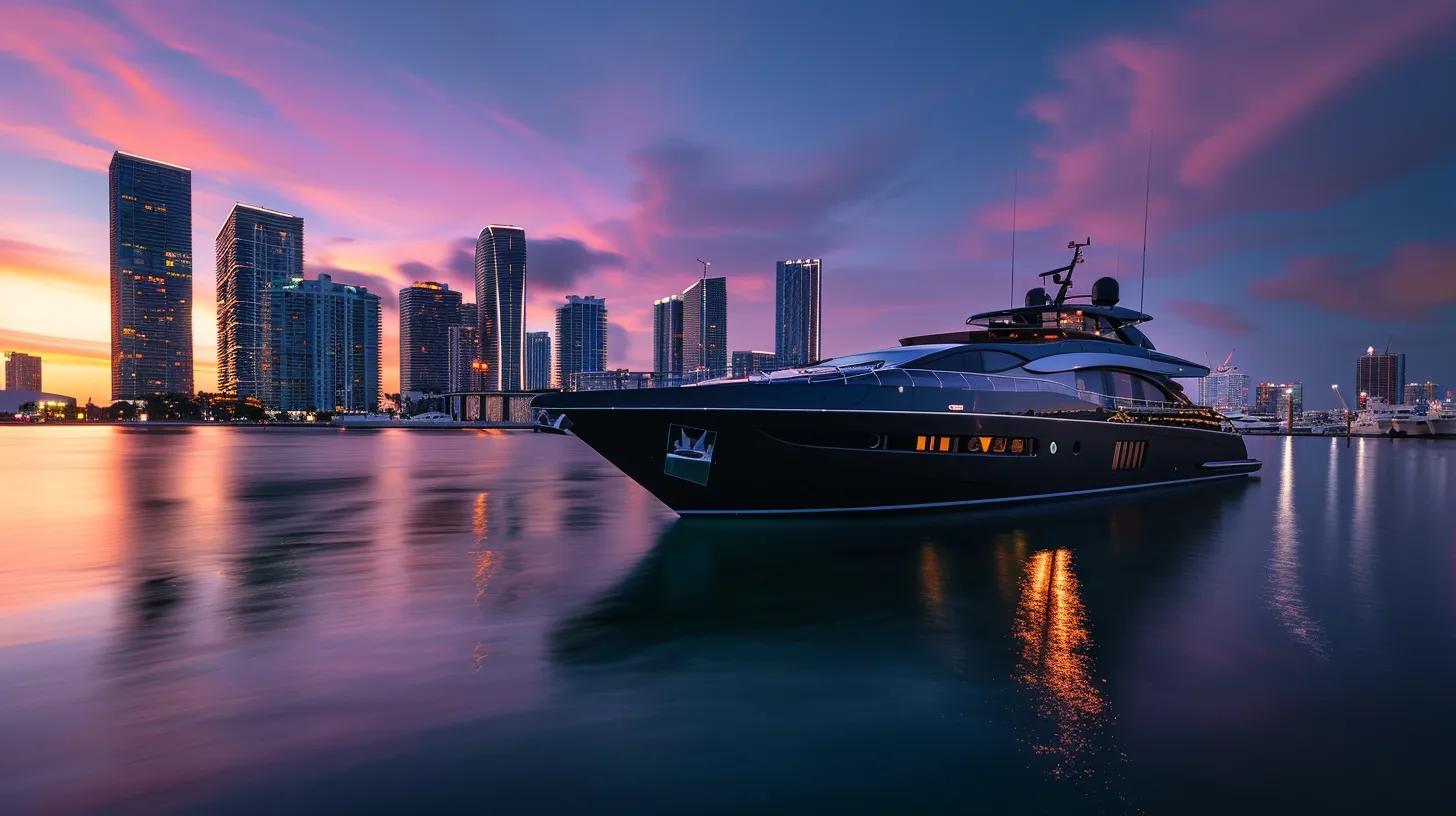 a sleek motor yacht elegantly anchored at a luxurious miami marina, showcasing its polished exterior and spacious deck, with the vibrant city skyline and twilight sky as the captivating backdrop.