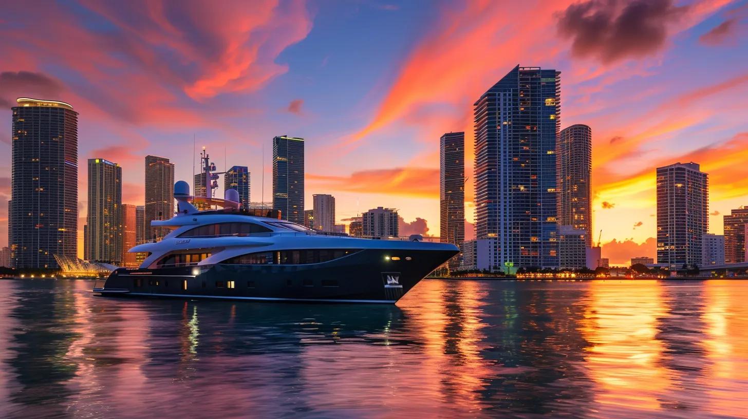 a sleek, opulent yacht anchored in the vibrant miami skyline at sunset serves as the backdrop for an elegant corporate gathering, showcasing an atmosphere of exclusivity and sophistication.