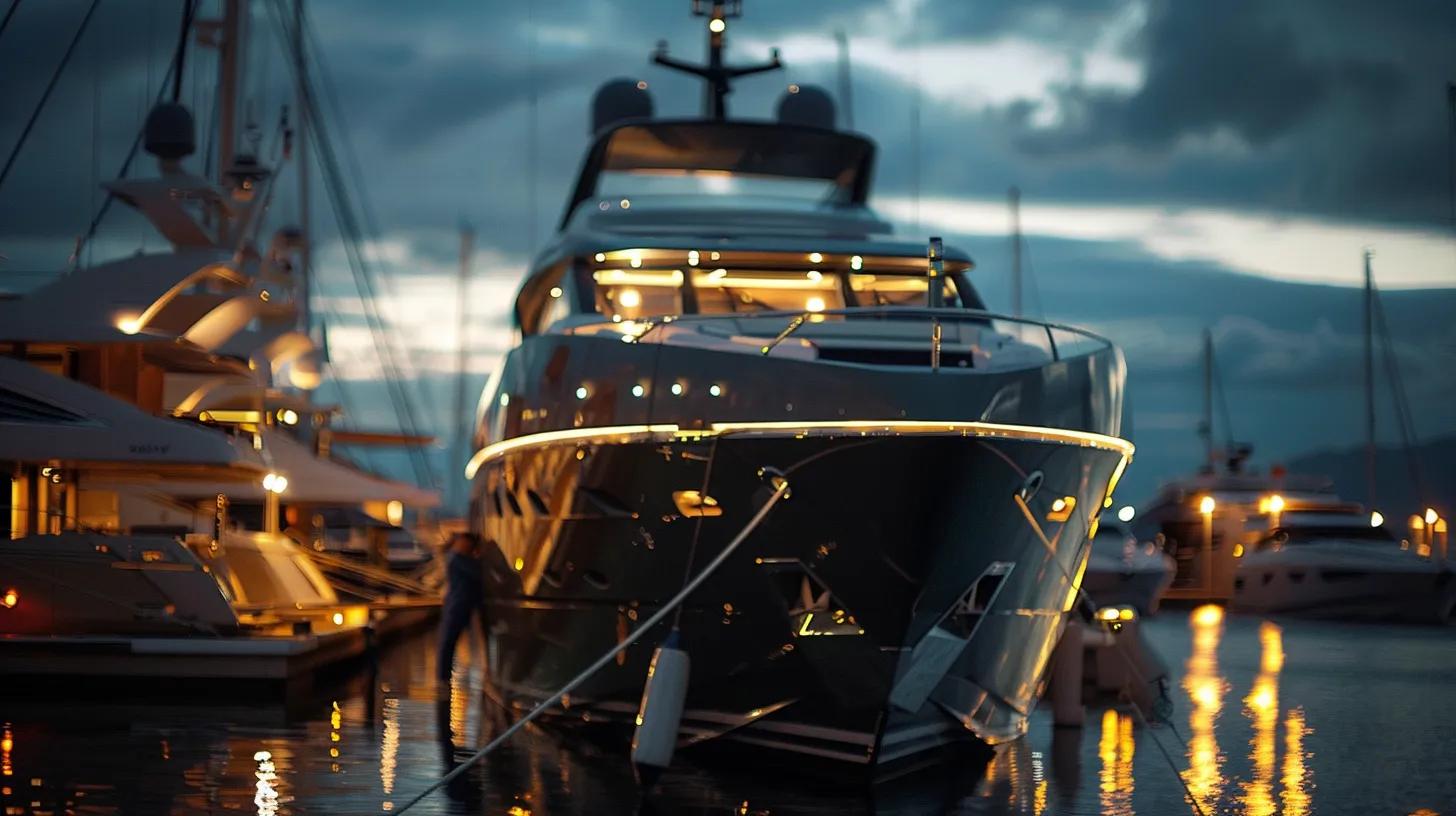 a sleek yacht docked at a modern marina under soft artificial lights, with a focused technician in the foreground inspecting vital mechanical components, conveying professionalism and expertise in emergency repair services.