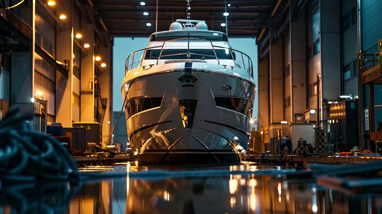 a sleek yacht in a modern marina undergoes meticulous repairs, with professionals assessing its intricate details under bright overhead lights, showcasing the luxury and precision of high-quality service.