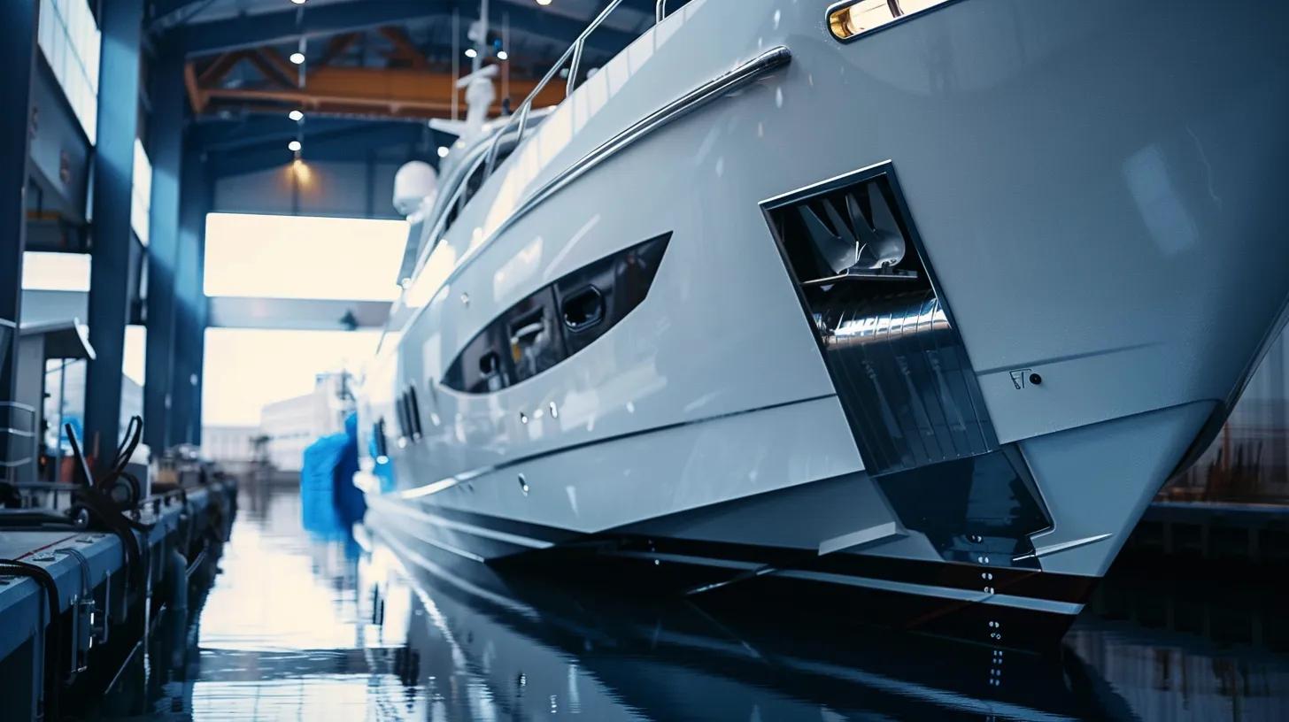 a sleek yacht is positioned in an upscale marina, showcasing expert technicians inspecting the engine and hull, surrounded by tools and technical equipment, reflecting a commitment to luxury maintenance and repair.
