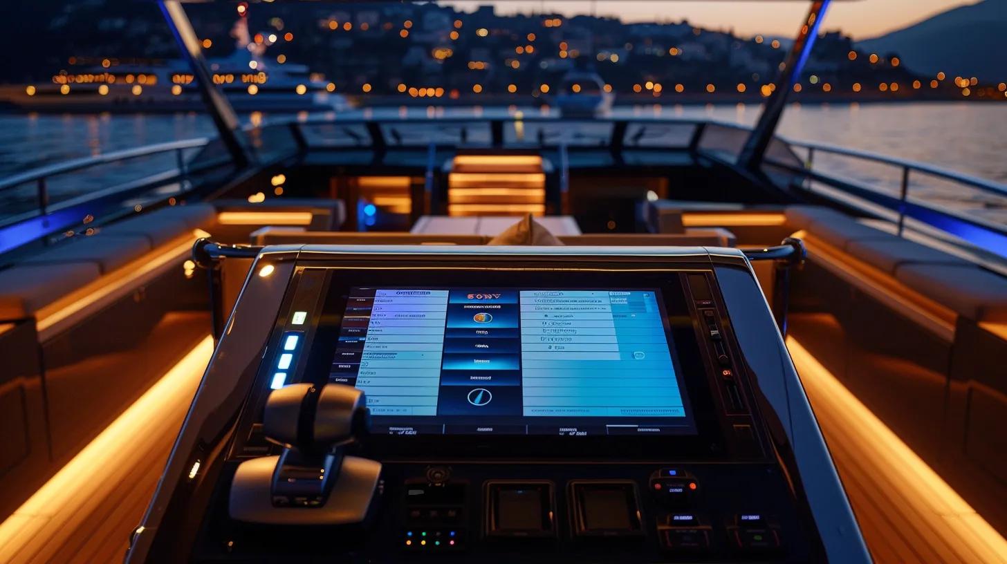 a sleek yacht management app interface displays vibrant digital documents and maintenance logs on a high-tech tablet, set against the backdrop of a modern luxury yacht's bridge, illuminated by warm interior lighting that highlights its sophisticated features.