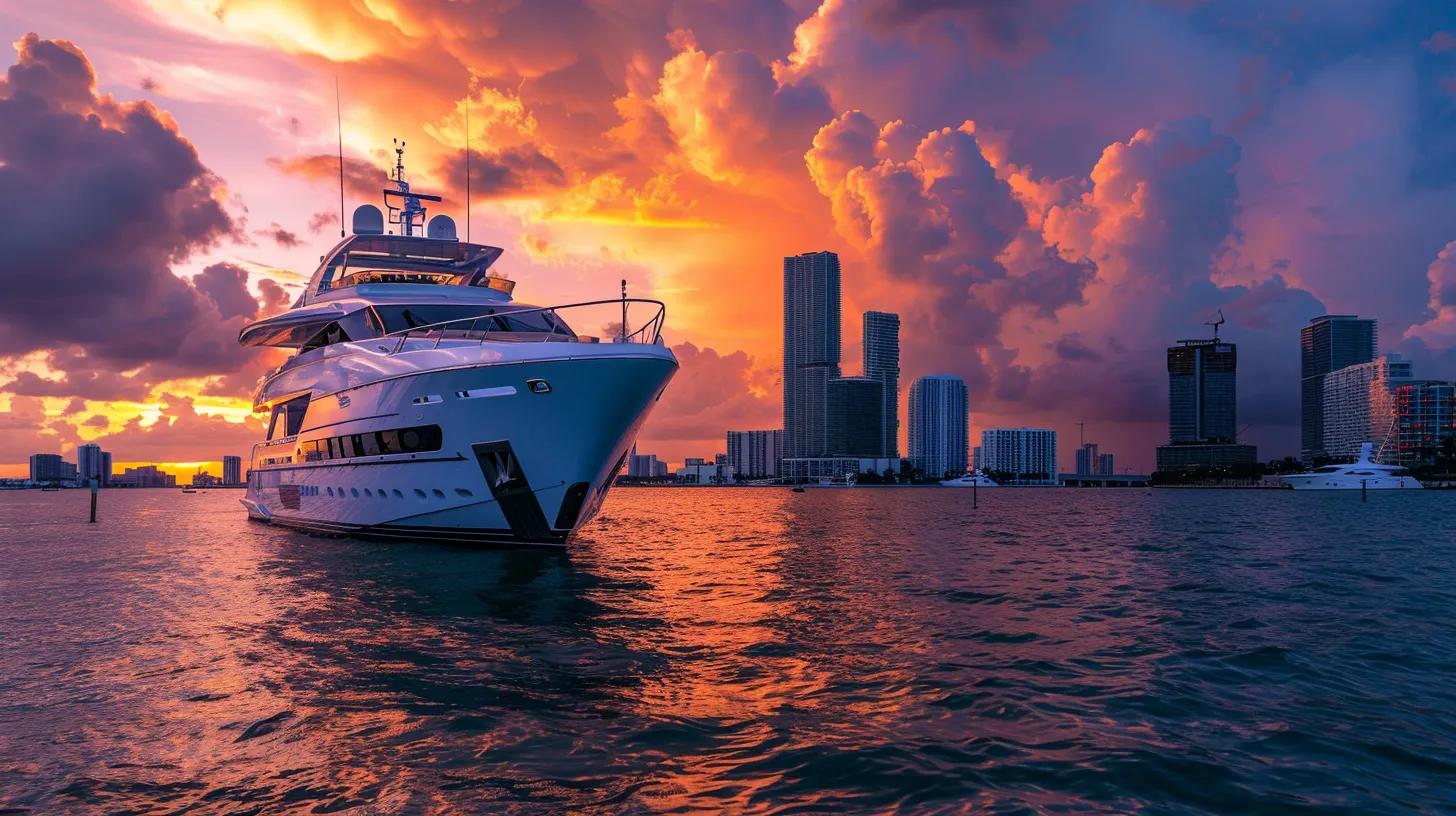 a sleek yacht navigates the vibrant miami waterfront at sunset, embodying the thrill of adventure and the essence of safety in a sophisticated maritime setting.