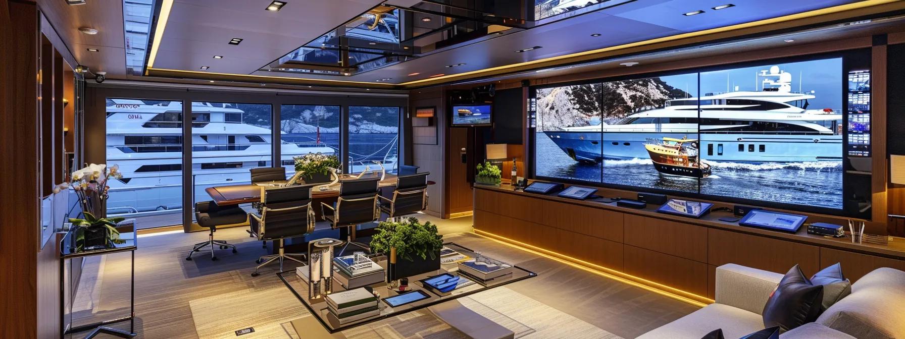 a sophisticated office setting showcases a sleek digital interface displaying various hourly boat rental listings, with elegant yacht models and customer testimonials highlighted on large screens, reflecting a seamless blend of luxury and technology.