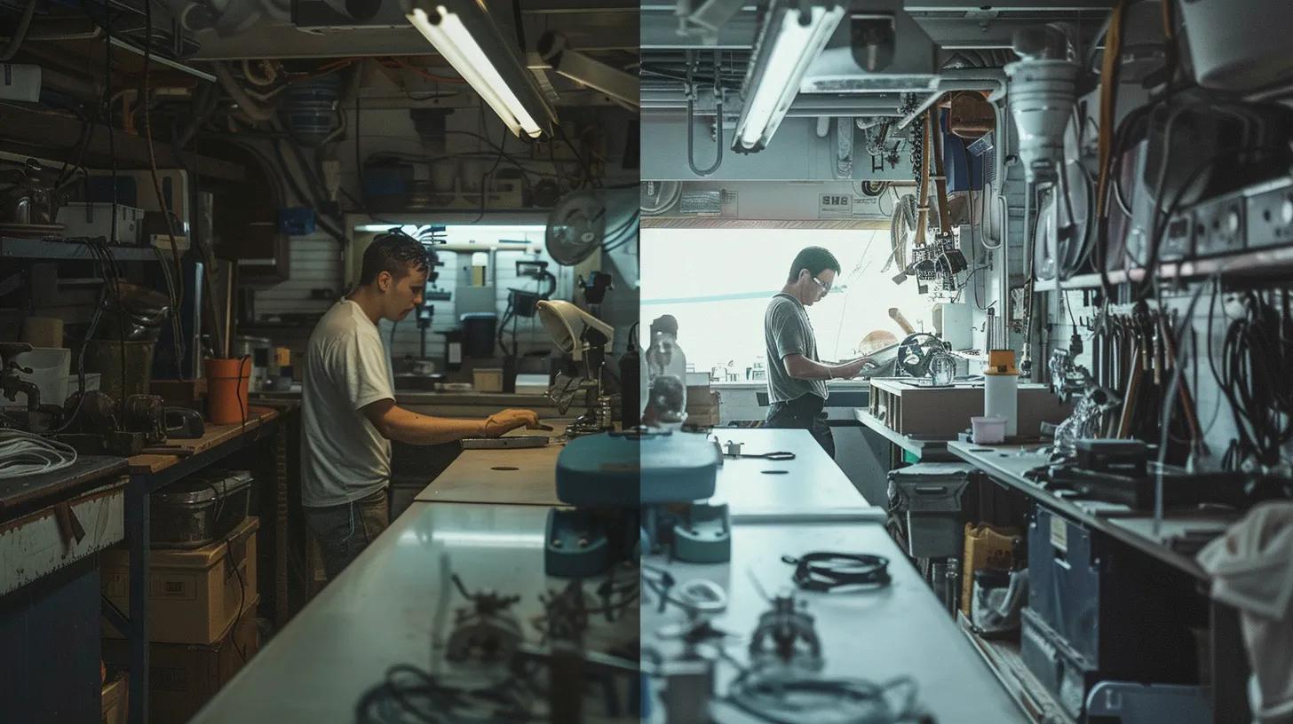 a split-scene image showcases a well-organized yacht repair shop on one side, illustrating a confident diy enthusiast working on basic maintenance tasks, while the other side reveals a professional marine technician meticulously assessing a complex repair, emphasizing the contrast between diy benefits and professional expertise in yacht maintenance.