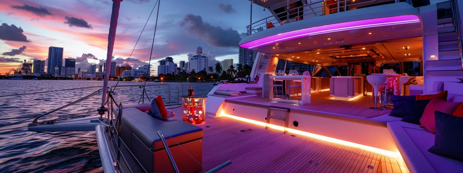 a stylish catamaran party boat elegantly hosted a vibrant evening celebration, featuring chic guests mingling against a backdrop of twinkling city lights and a luxurious deck ambiance.