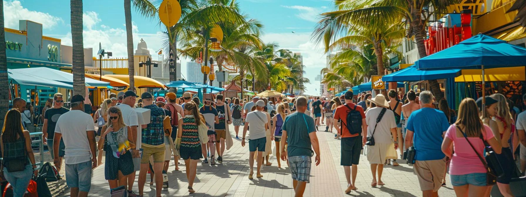 a vibrant, bustling scene of visitors interacting with local guides and studying interactive maps along the pedestrian-friendly boardwalk of hollywood beach, showcasing a lively atmosphere filled with diverse groups making their way to key attractions.