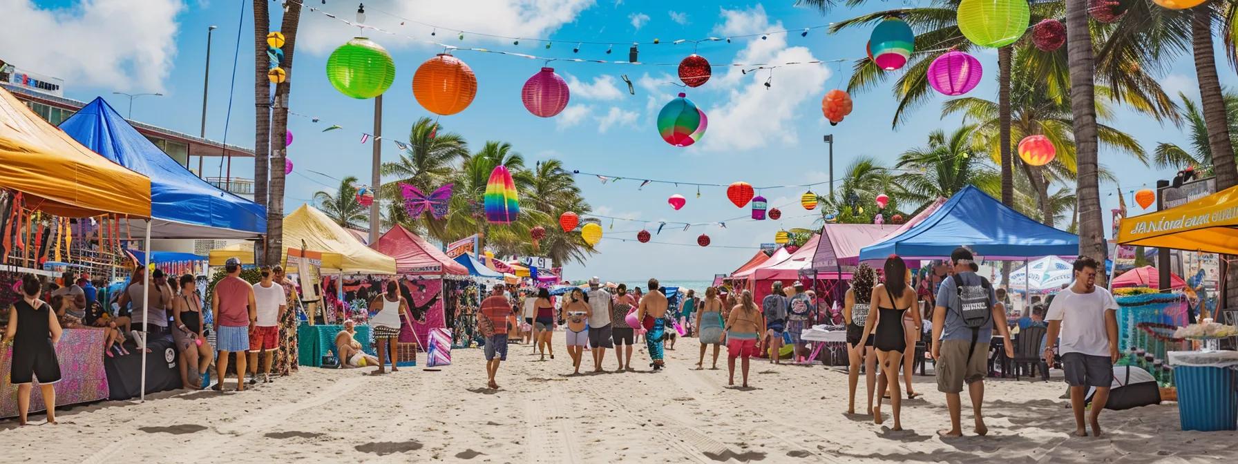 a vibrant scene captures a bustling beach festival at hollywood beach, showcasing colorful tents, lively performers, and excited visitors enjoying art displays and live music against a backdrop of festive decorations.