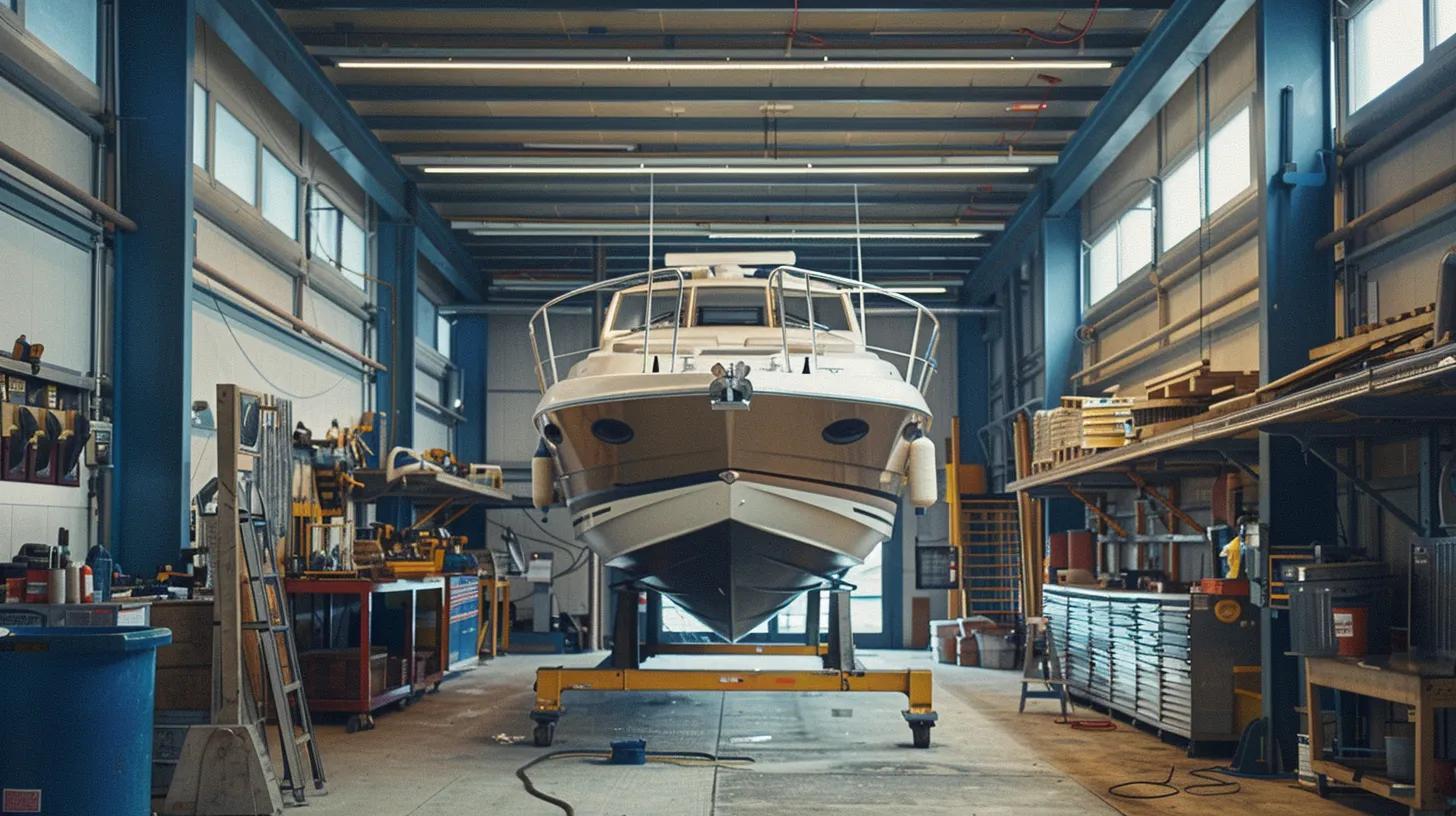 a well-organized yacht maintenance workshop features a sleek yacht on a lift, surrounded by organized tools and equipment, showcasing an atmosphere of efficiency and budget-conscious repair strategies.