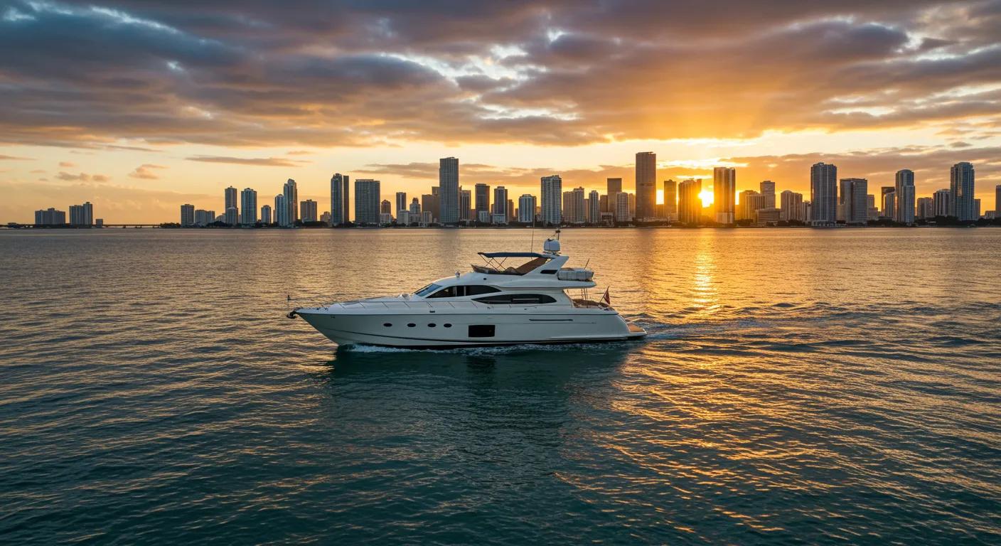an elegant yacht glides through the crystal-clear waters of biscayne bay, framed by the vibrant skyline of miami beach as the sun sets, casting a golden hue over the bustling urban backdrop.