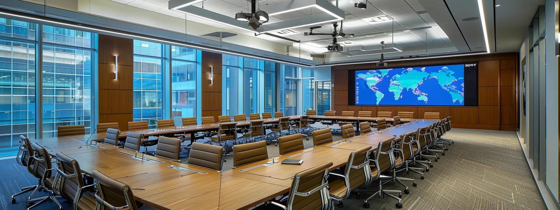 a sleek, modern conference room adorned with high-end digital screens and comfortable seating sets the stage for corporate executives engaging in a productive meeting, epitomizing the efficiency and sophistication of charter services designed for corporate travel.