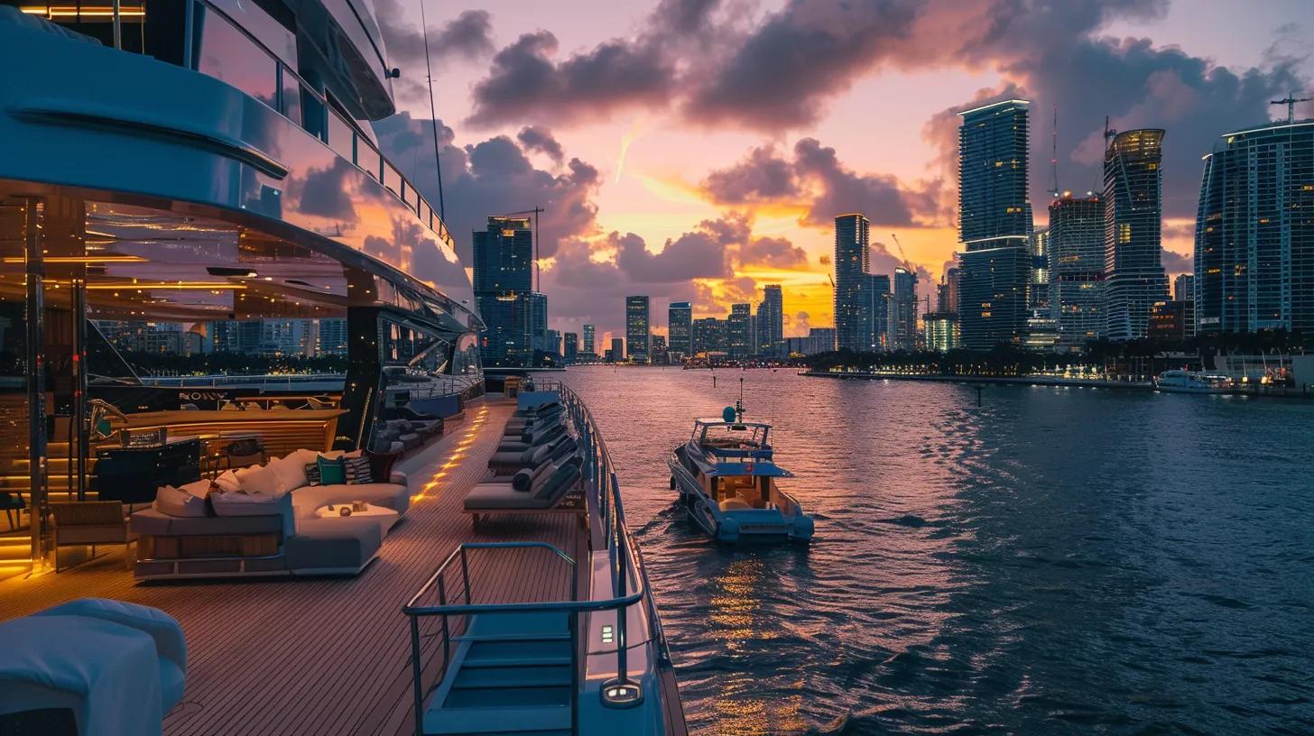 an elegant crewed yacht glistens in the vibrant miami skyline, with attentive crew members preparing exquisite refreshments on the deck, embodying luxury and comfort amidst a stunning urban backdrop.