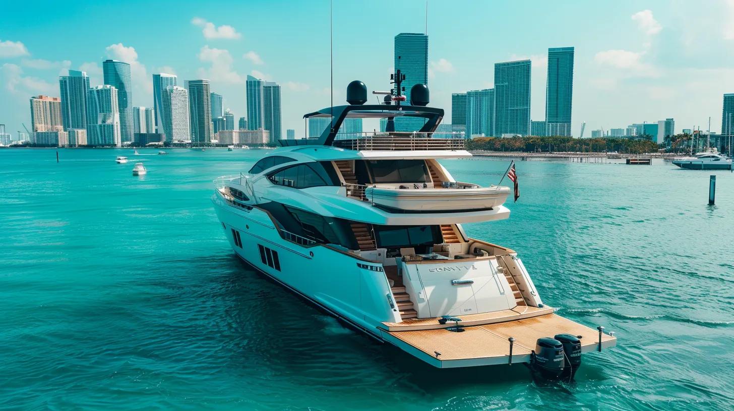 an elegant, high-end yacht glides through the sparkling blue waters of biscayne bay, showcasing a luxurious deck setup with plush seating and inviting amenities, embodying the essence of freedom and sophistication in a bustling miami marina.