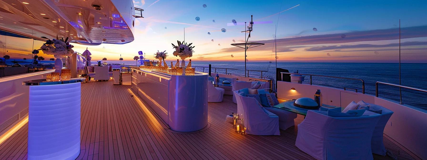 an elegant yacht deck adorned for a sophisticated event, featuring lavish decorations and a stunning ocean backdrop, setting the stage for a memorable and upscale celebration.