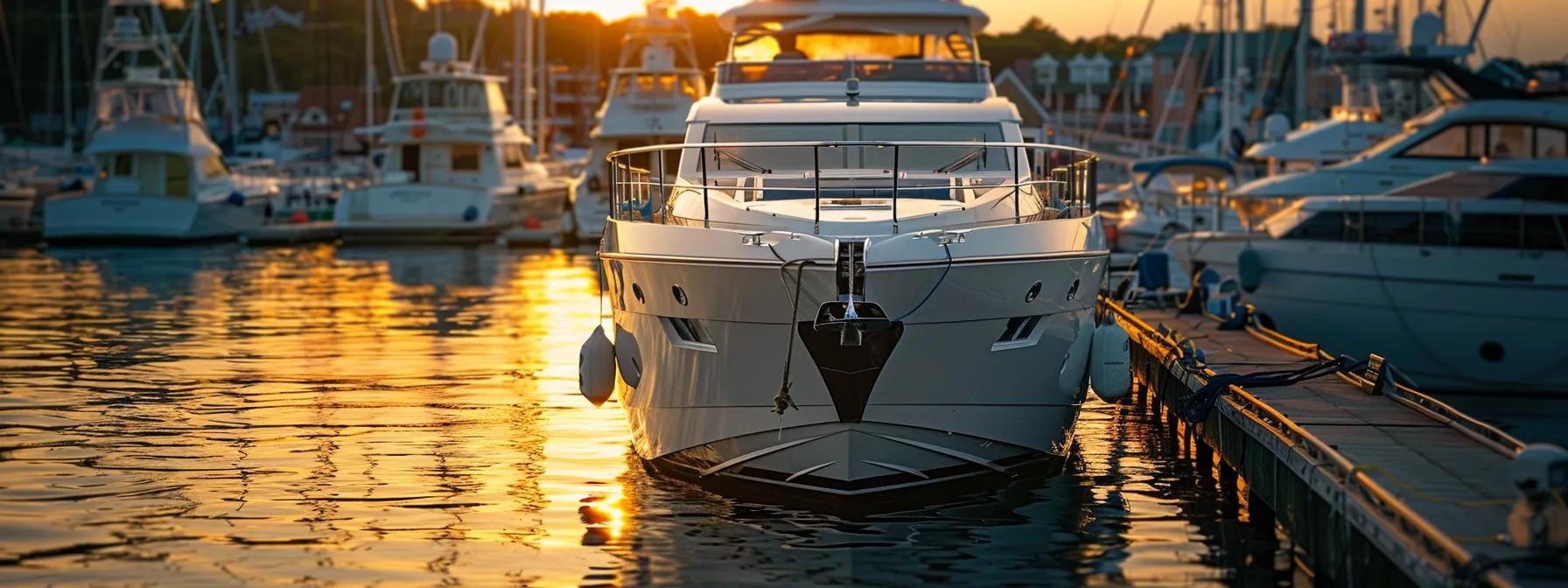 an elegant yacht, gleaming in the sunlight, is moored at a bustling marina in maine, surrounded by stylish boat rental signage and luxurious vessels, evoking a sense of adventure and upscale leisure.