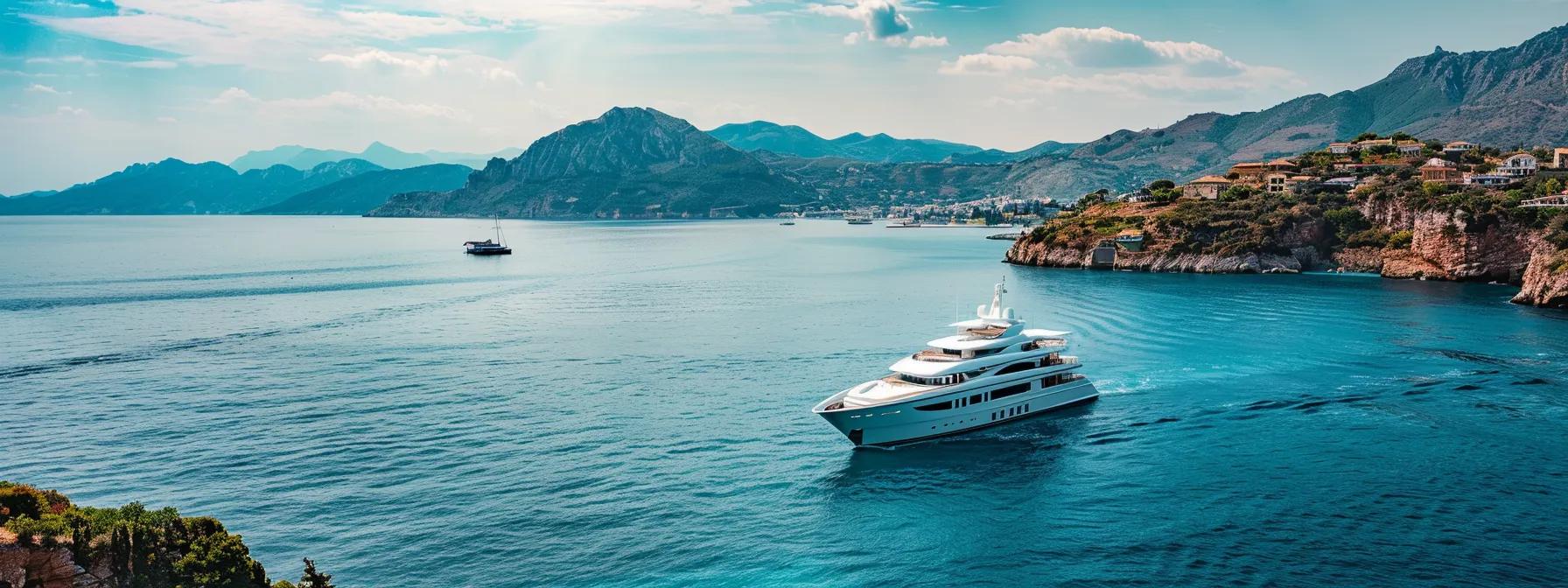 an elegant yacht glides through the tranquil turquoise waters of the mediterranean, surrounded by vibrant coastal villages and distant mountains, embodying the allure of luxury travel and cultural exploration.