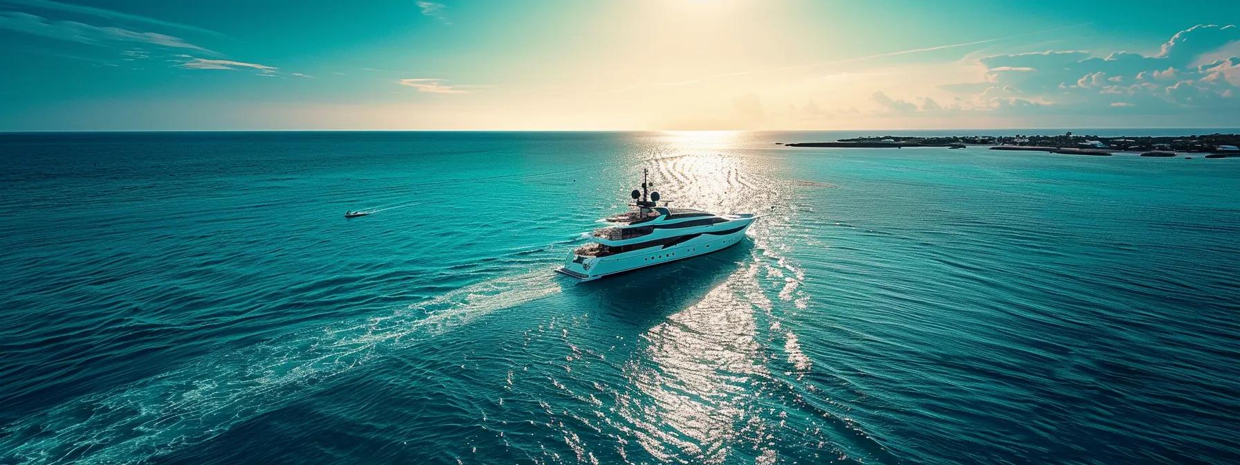 Elegant yacht cruising through turquoise waters under a bright sky, showcasing luxury yacht chartering options from Florida to the Bahamas.