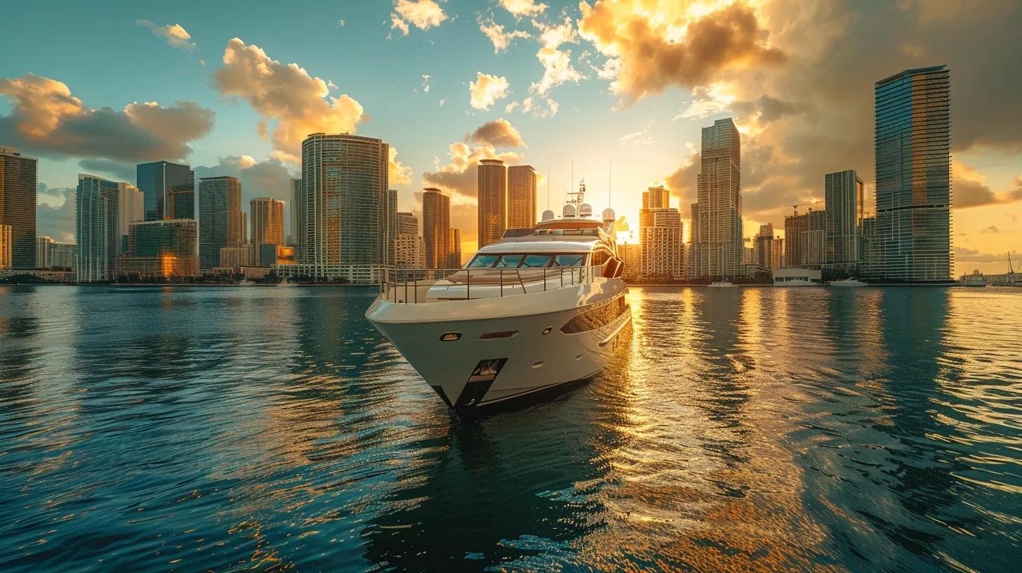 Luxury yacht anchored in Miami's waters at sunset, with the city skyline reflecting on the water, symbolizing opulent yacht charters and celebrations.